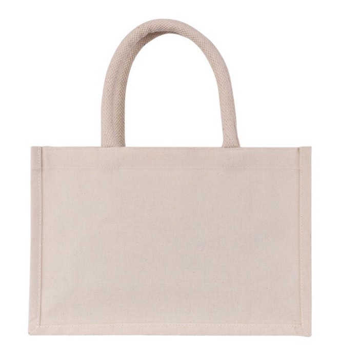 Bolsa pequeña de algodón reciclado para personalizar con asa corta color natural tercera vista Bolsa pequeña de algodón reciclado para personalizar con asa corta color natural tercera vista