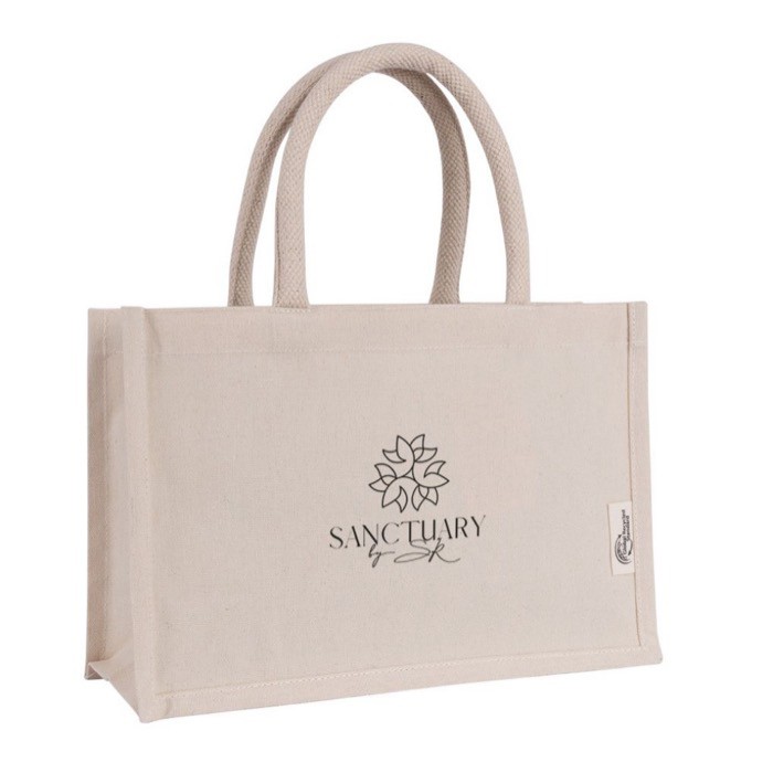 Bolsa pequeña de algodón reciclado para personalizar con asa corta color natural vista detalle Bolsa pequeña de algodón reciclado para personalizar con asa corta color natural vista detalle