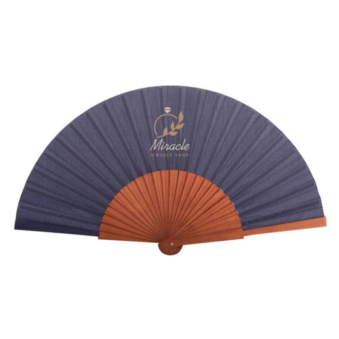 Abanico personalizable de madera oscura y tela de poliéster color azul tercera vista Abanico personalizable de madera oscura y tela de poliéster color azul tercera vista