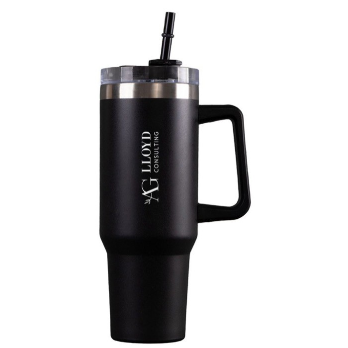 Botella de acero inox reciclado con pajita y asa de transporte 1.18 L color negro cuarta vista Botella de acero inox reciclado con pajita y asa de transporte 1.18 L color negro cuarta vista