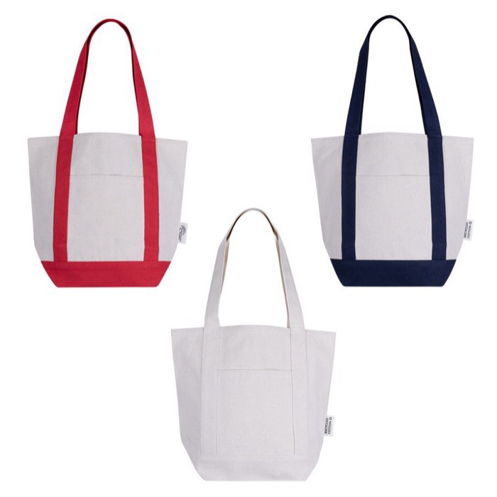 Bolsa de algodón reciclado con bolsillo exterior en un lado primera vista Bolsa de algodón reciclado con bolsillo exterior en un lado primera vista