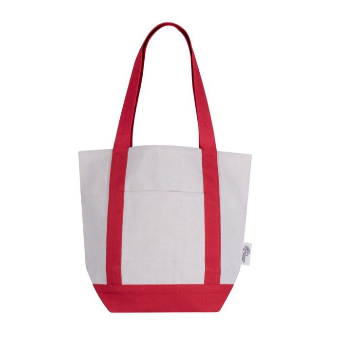 Bolsa de algodón reciclado con bolsillo exterior en un lado color rojo primera vista Bolsa de algodón reciclado con bolsillo exterior en un lado color rojo primera vista