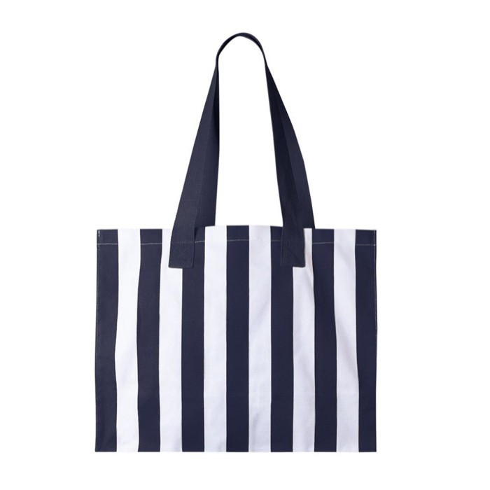 Bolsa grande de algodón reciclado con diseño de rayas verticales color azul primera vista