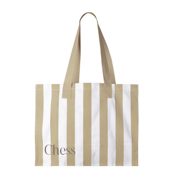 Bolsa grande de algodón reciclado con diseño de rayas verticales color beige tercera vista