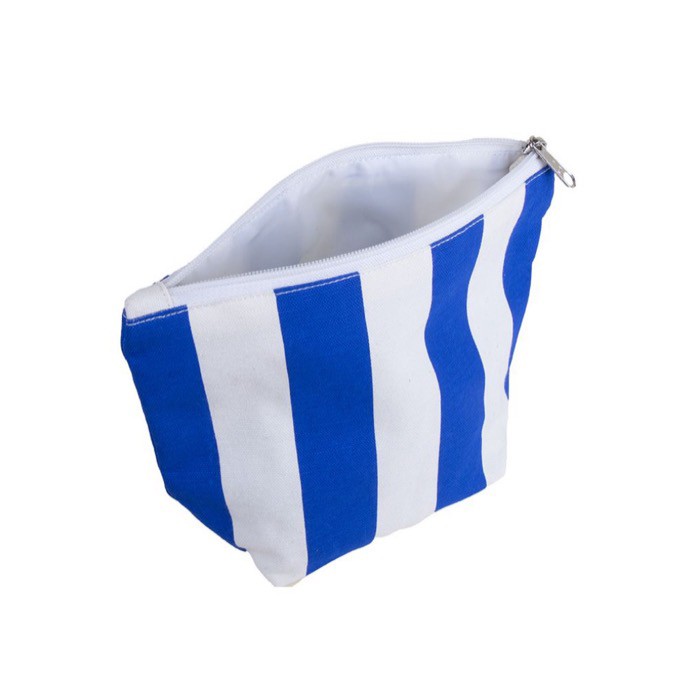 Neceser de algodón reciclado con diseño de rayas verticales color azul real tercera vista Neceser de algodón reciclado con diseño de rayas verticales color azul real tercera vista