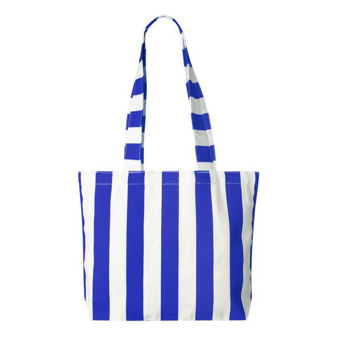 Bolsa para la playa de algodón reciclado con diseño a rayas color azul real primera vista Bolsa para la playa de algodón reciclado con diseño a rayas color azul real primera vista