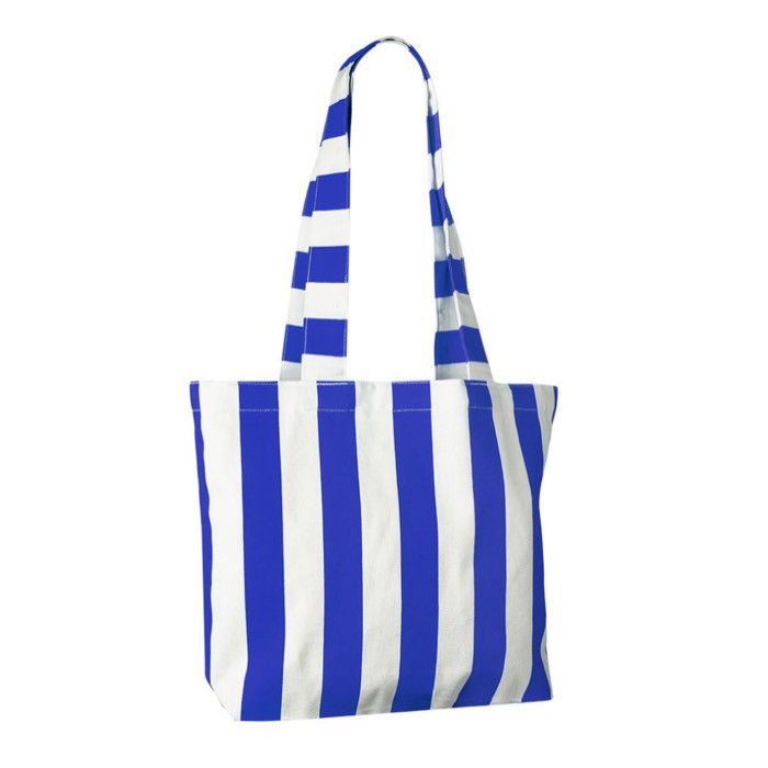 Bolsa para la playa de algodón reciclado con diseño a rayas color azul real segunda vista Bolsa para la playa de algodón reciclado con diseño a rayas color azul real segunda vista