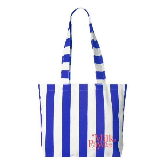 Bolsa para la playa de algodón reciclado con diseño a rayas color azul real tercera vista Bolsa para la playa de algodón reciclado con diseño a rayas color azul real tercera vista