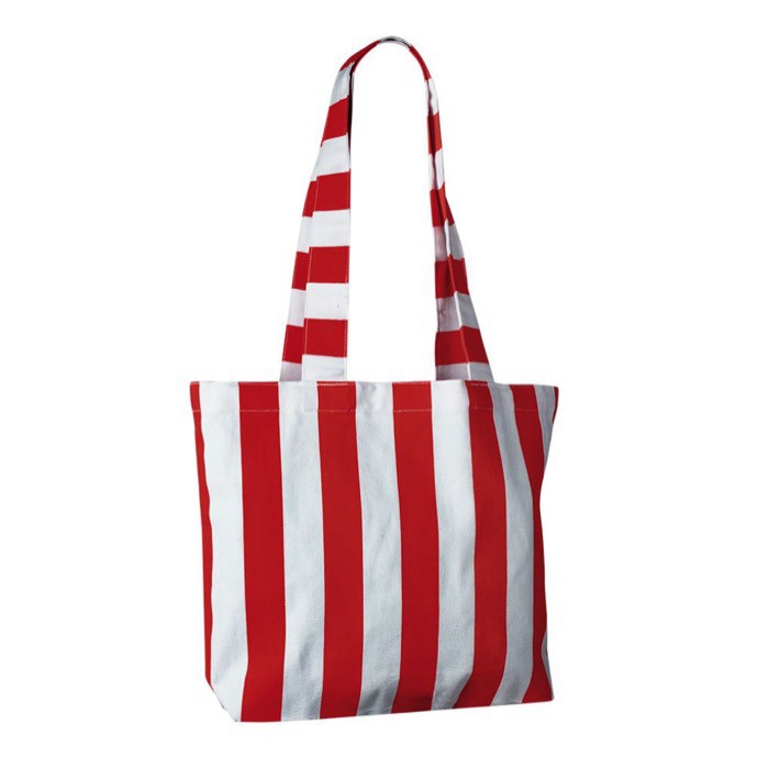 Bolsa para la playa de algodón reciclado con diseño a rayas color rojo segunda vista Bolsa para la playa de algodón reciclado con diseño a rayas color rojo segunda vista