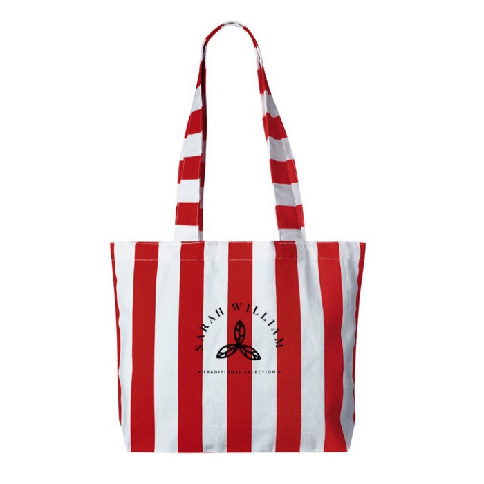 Bolsa para la playa de algodón reciclado con diseño a rayas color rojo tercera vista Bolsa para la playa de algodón reciclado con diseño a rayas color rojo tercera vista