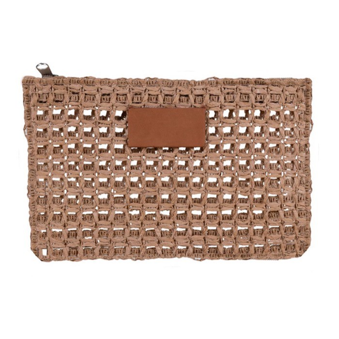 Neceser de papel de rafia con etiqueta de cuero para personalizar color marrón primera vista Neceser de papel de rafia con etiqueta de cuero para personalizar color marrón primera vista