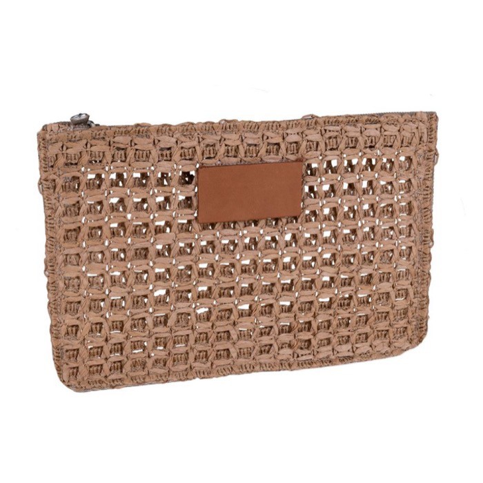 Neceser de papel de rafia con etiqueta de cuero para personalizar color marrón segunda vista Neceser de papel de rafia con etiqueta de cuero para personalizar color marrón segunda vista