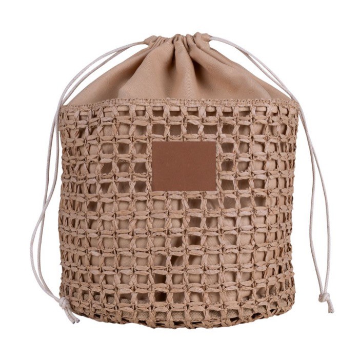 Neceser de papel de rafia en forma de saco con cierre de cordones color marrón primera vista