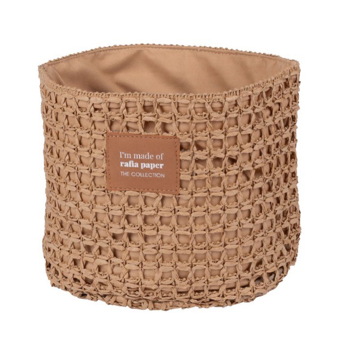 Neceser de papel de rafia en forma de saco con cierre de cordones color marrón tercera vista