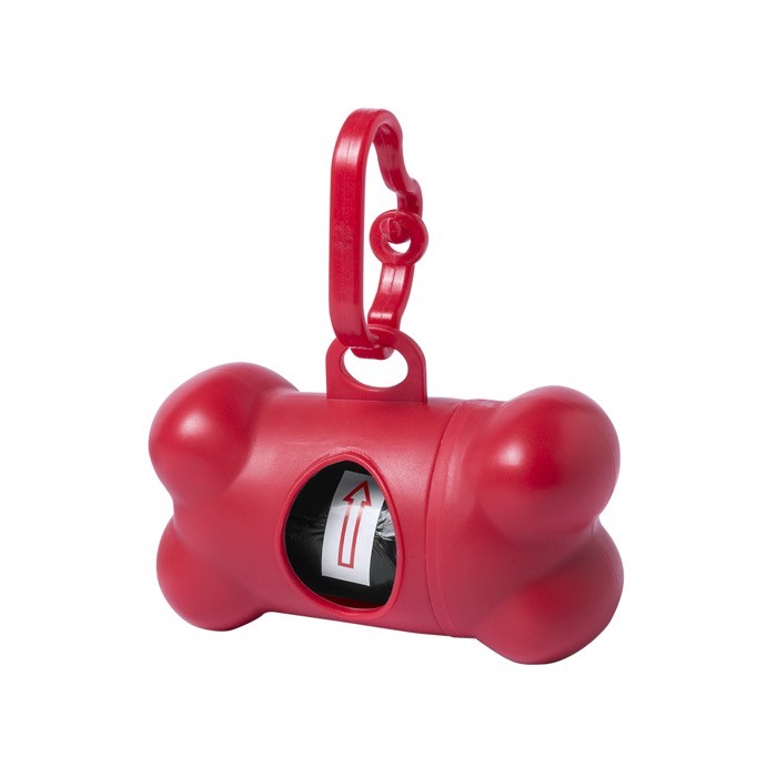 Dispensador de 15 bolsas para mascotas en forma de hueso color rojo primera vista