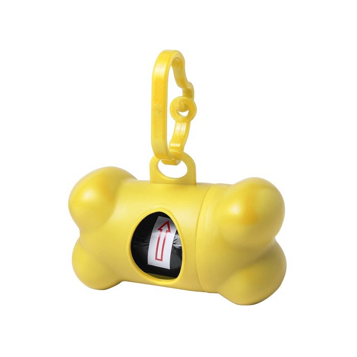 Dispensador de 15 bolsas para mascotas en forma de hueso color amarillo primera vista