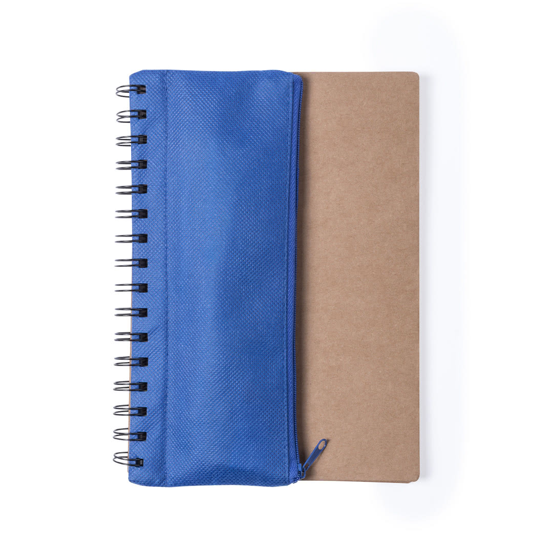 Libreta con estuche y accesorios de escritura color azul