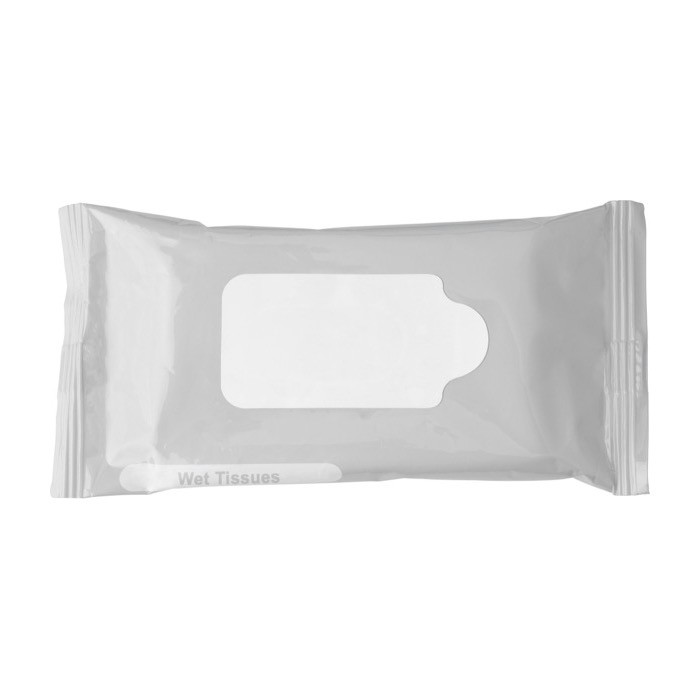 Bolsa de plástico personalizable de 10 toallitas húmedas color plateado primera vista Bolsa de plástico personalizable de 10 toallitas húmedas color plateado primera vista