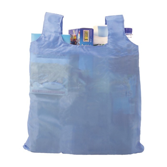 Bolsa plegable de poliéster 190T de la compra con mosquetón color azul claro primera vista Bolsa plegable de poliéster 190T de la compra con mosquetón color azul claro primera vista
