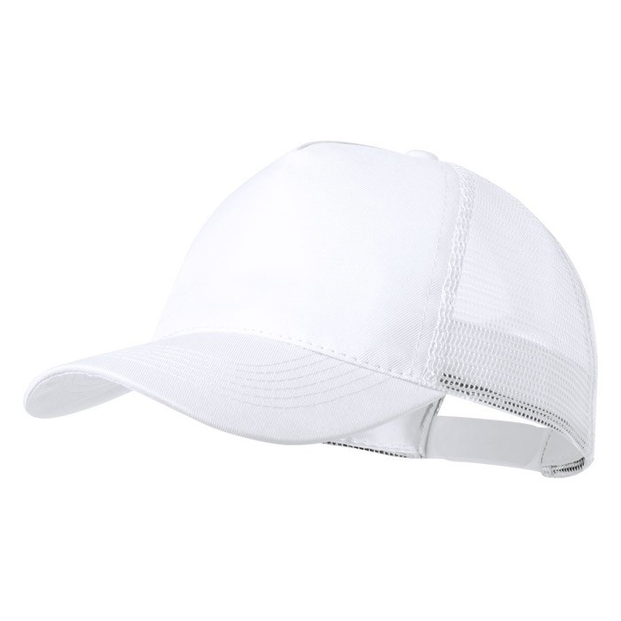 Gorra de 5 paneles con malla trasera y cierre ajustable de plástico color blanco primera vista