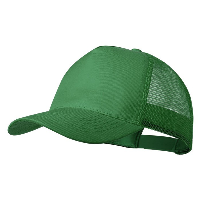 Gorra de 5 paneles con malla trasera y cierre ajustable de plástico color verde primera vista