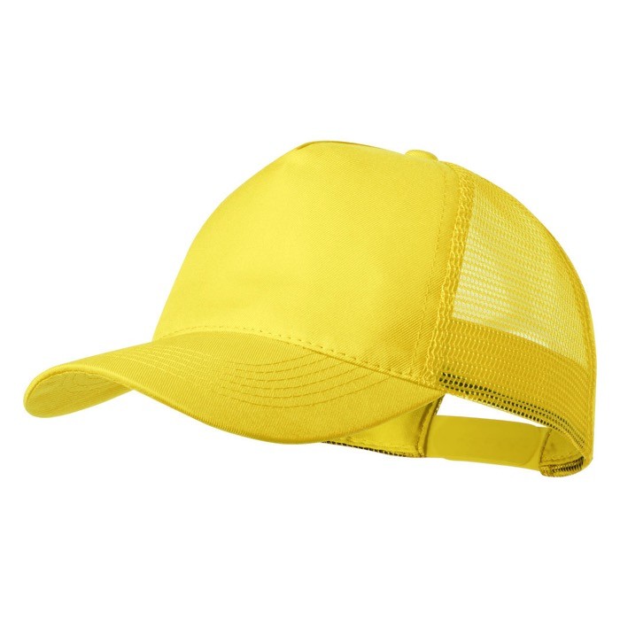 Gorra de 5 paneles con malla trasera y cierre ajustable de plástico color amarillo primera vista