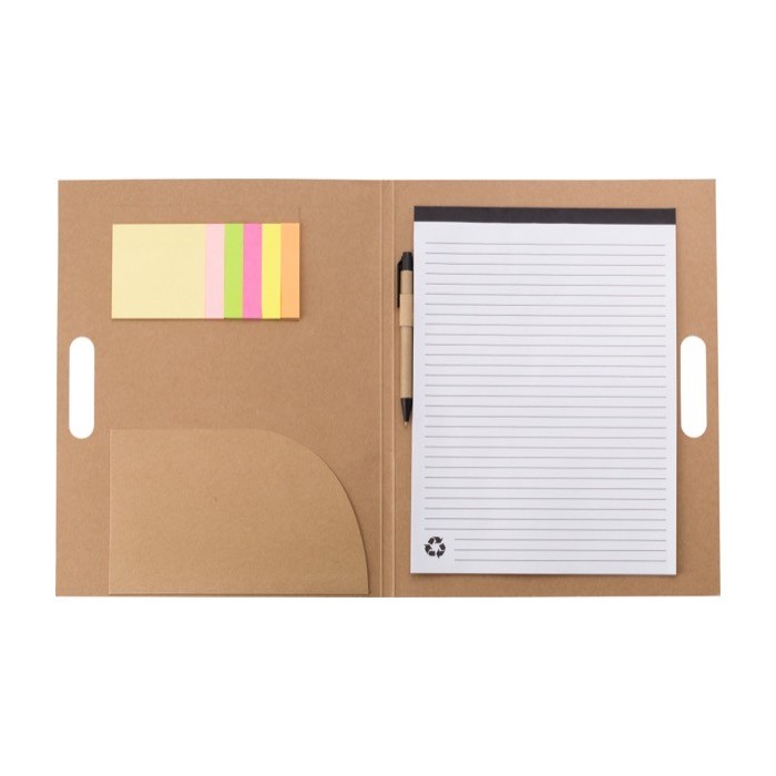Carpeta de cartón con bloc de notas, bolígrafo y memos adhesivos color marrón cuarta vista Carpeta de cartón con bloc de notas, bolígrafo y memos adhesivos color marrón cuarta vista
