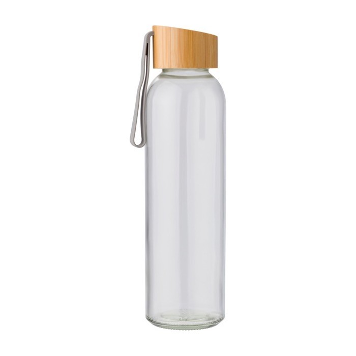 Botella con tapón de bambú y cinta color transparente segunda vista Botella con tapón de bambú y cinta color transparente segunda vista