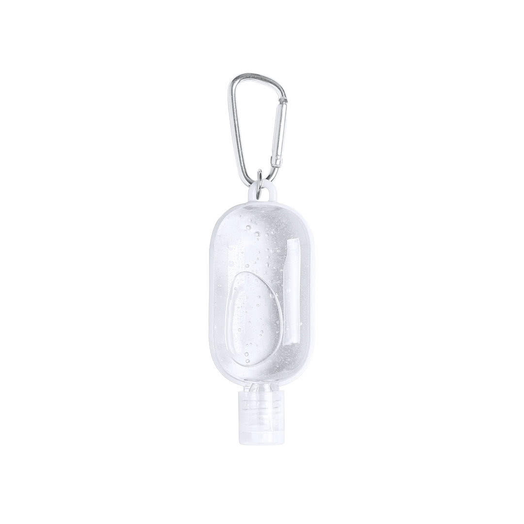 Bote de gel con mosquetón promocional color blanco Bote de gel con mosquetón promocional color blanco