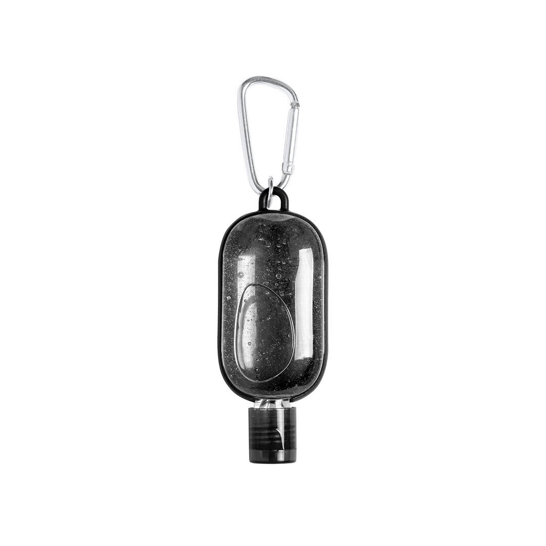 Bote de gel con mosquetón promocional color negro Bote de gel con mosquetón promocional color negro