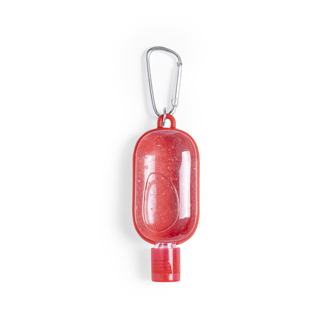 Bote de gel con mosquetón promocional color rojo Bote de gel con mosquetón promocional color rojo