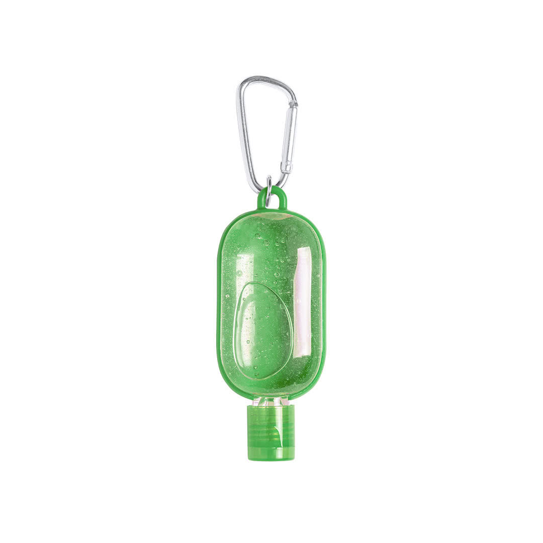 Bote de gel con mosquetón promocional color verde Bote de gel con mosquetón promocional color verde