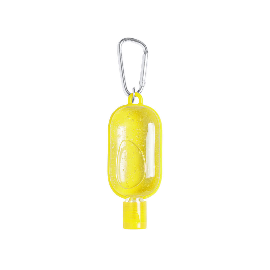 Bote de gel con mosquetón promocional color amarillo Bote de gel con mosquetón promocional color amarillo