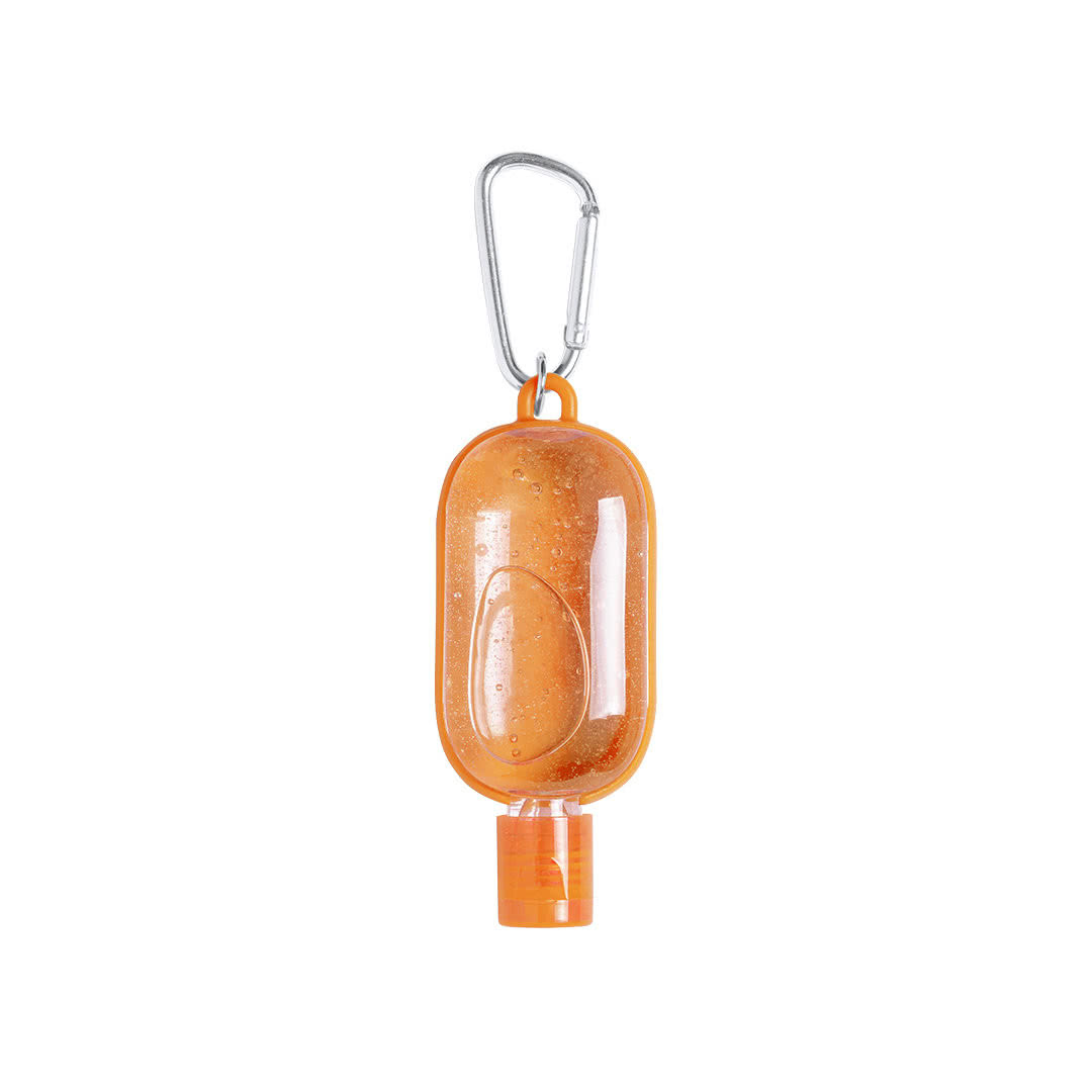 Bote de gel con mosquetón promocional color naranja Bote de gel con mosquetón promocional color naranja