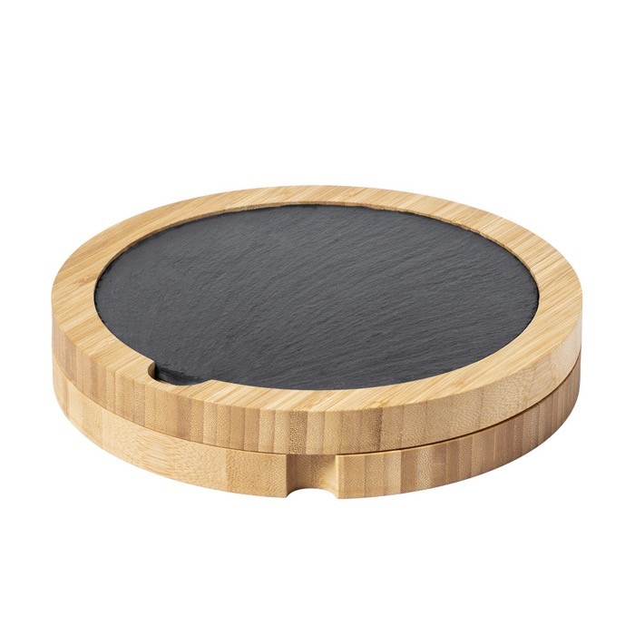 Tabla de pizarra con cuchillos para queso color madera vista principal Tabla de pizarra con cuchillos para queso color madera vista principal