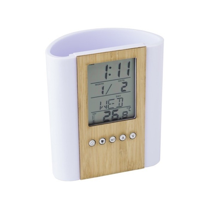 Portalápices de bambú con reloj color madera octava vista