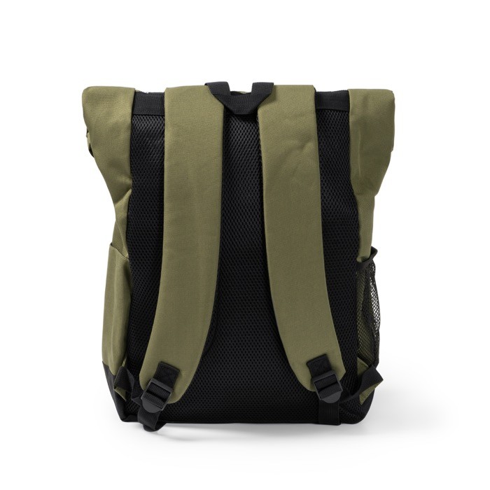 Mochila de poliéster 900D con tapa enrollable y cintas de cierre color verde militar vista detalle 1