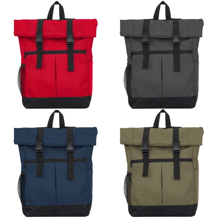 Mochila de poliéster 900D con tapa enrollable y cintas de cierre color verde militar vista detalle 5