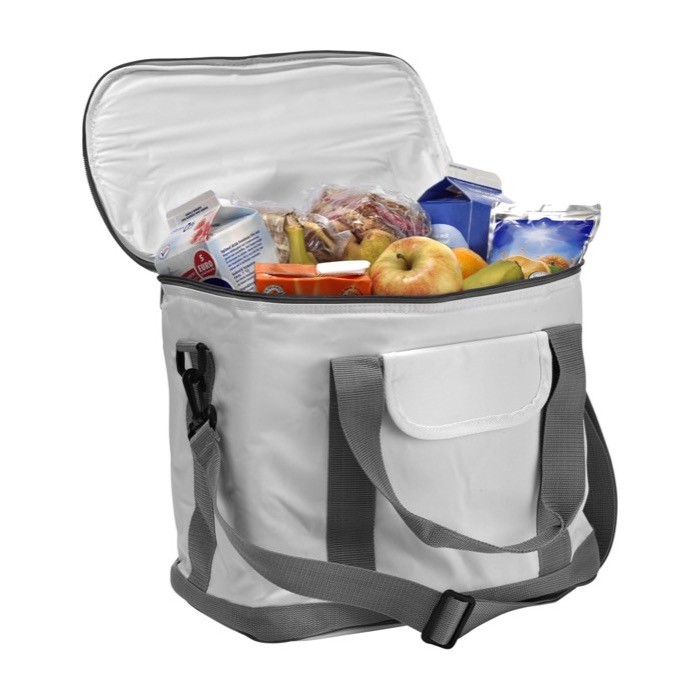 Bolsa nevera de nylon con bandolera extraíble y bolsillo frontal color blanco segunda vista Bolsa nevera de nylon con bandolera extraíble y bolsillo frontal color blanco segunda vista