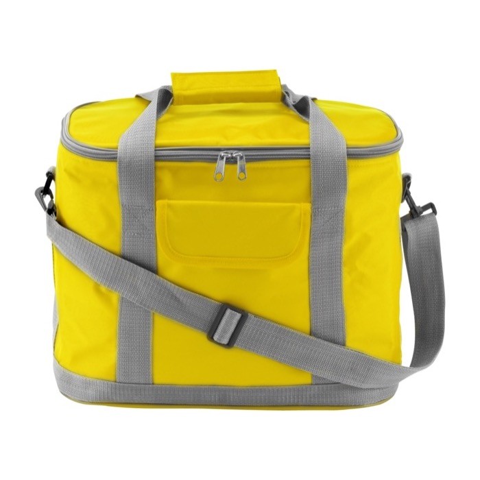 Bolsa nevera de nylon con bandolera extraíble y bolsillo frontal color amarillo primera vista Bolsa nevera de nylon con bandolera extraíble y bolsillo frontal color amarillo primera vista