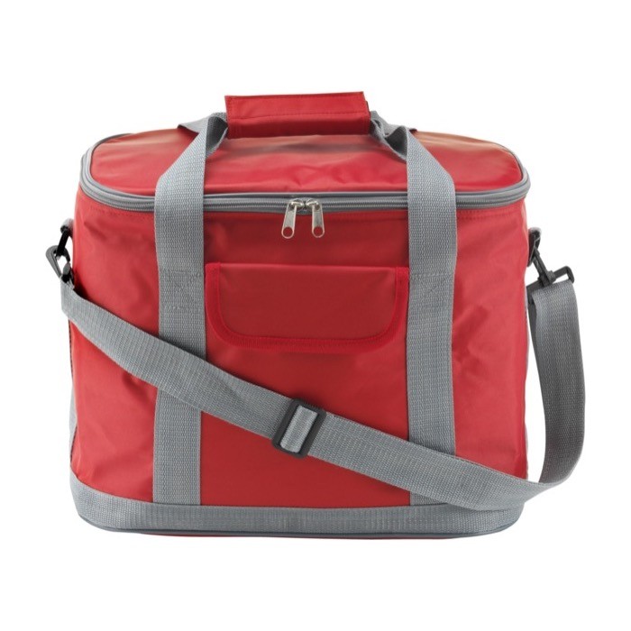 Bolsa nevera de nylon con bandolera extraíble y bolsillo frontal color rojo primera vista Bolsa nevera de nylon con bandolera extraíble y bolsillo frontal color rojo primera vista