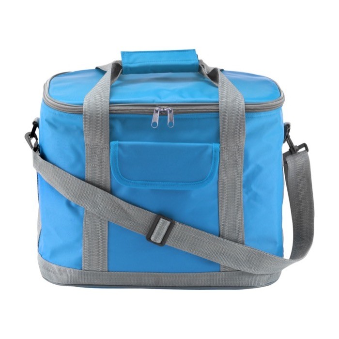 Bolsa nevera de nylon con bandolera extraíble y bolsillo frontal color azul claro primera vista Bolsa nevera de nylon con bandolera extraíble y bolsillo frontal color azul claro primera vista
