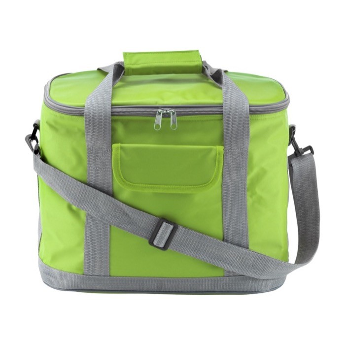 Bolsa nevera de nylon con bandolera extraíble y bolsillo frontal color verde claro primera vista Bolsa nevera de nylon con bandolera extraíble y bolsillo frontal color verde claro primera vista