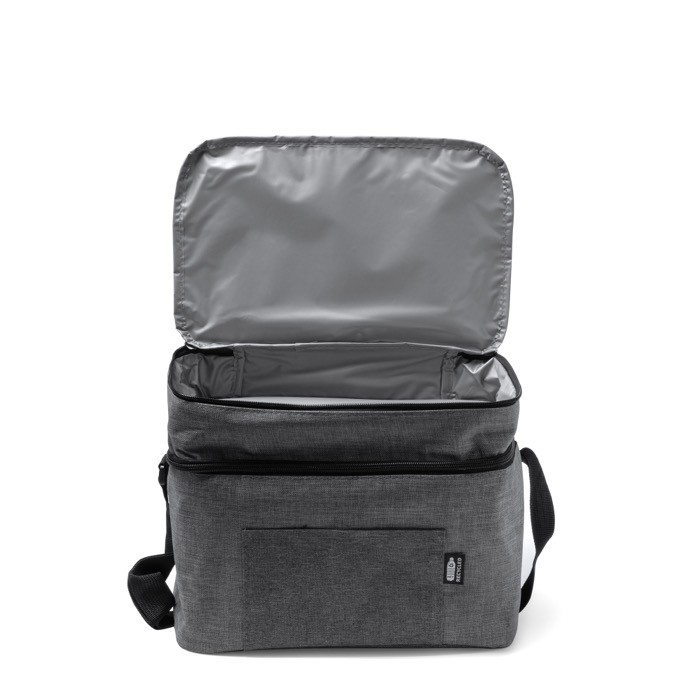 Nevera XL de poliéster RPET con doble compartimento y bolsillo color negro mate vista detalle 2