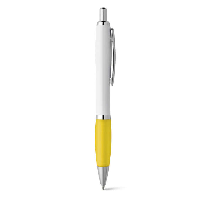 Bolígrafo de cuerpo blanco con detalle a color color amarillo Bolígrafo de cuerpo blanco con detalle a color color amarillo