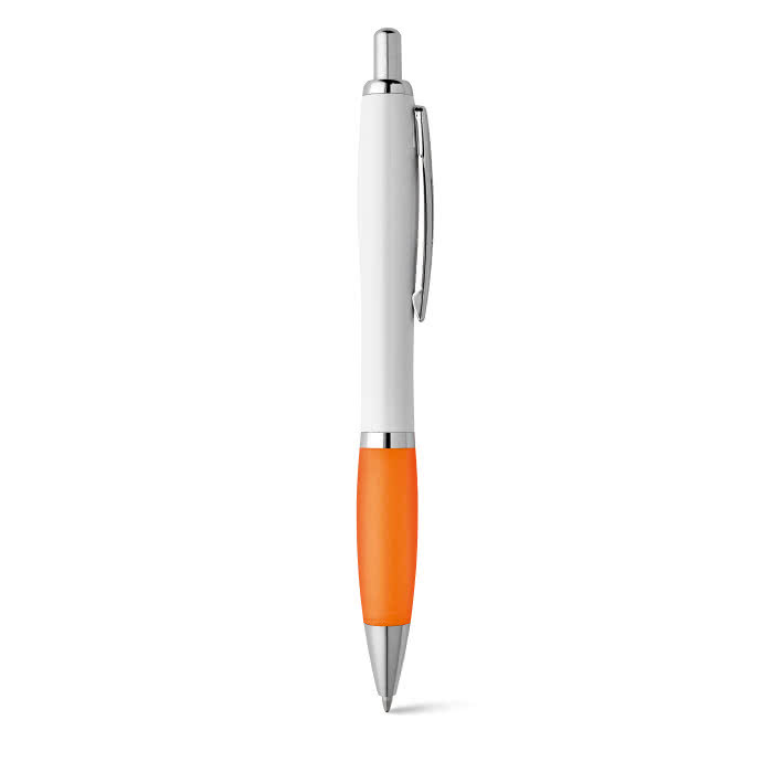 Bolígrafo de cuerpo blanco con detalle a color color naranja Bolígrafo de cuerpo blanco con detalle a color color naranja