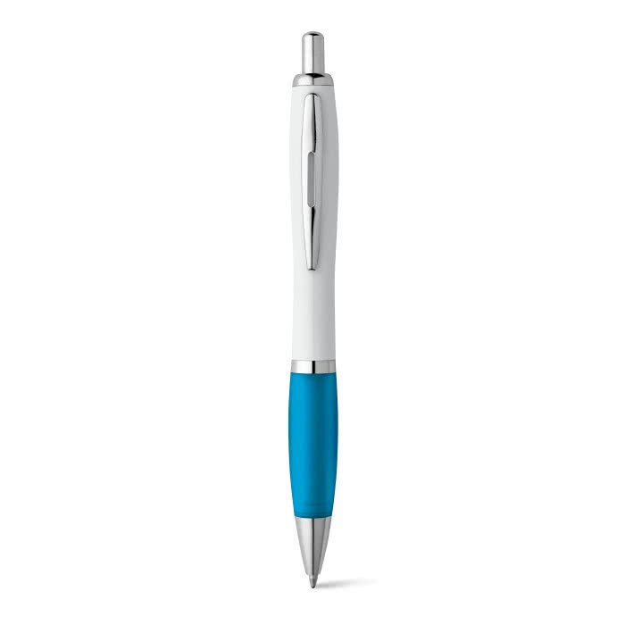 Bolígrafo de cuerpo blanco con detalle a color color azul claro Bolígrafo de cuerpo blanco con detalle a color color azul claro