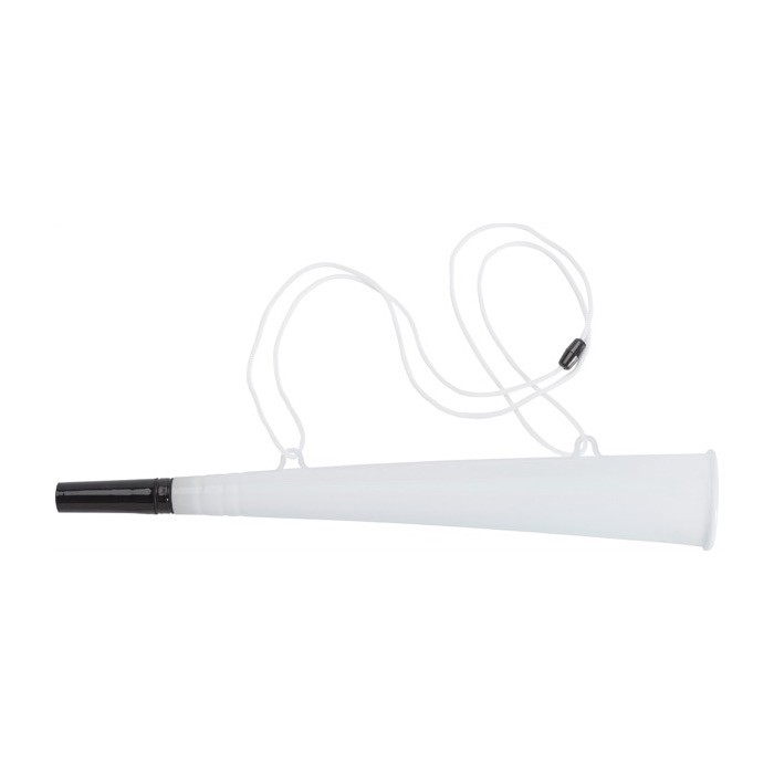 Corneta de plástico con cordón a juego ideal para eventos color blanco primera vista Corneta de plástico con cordón a juego ideal para eventos color blanco primera vista