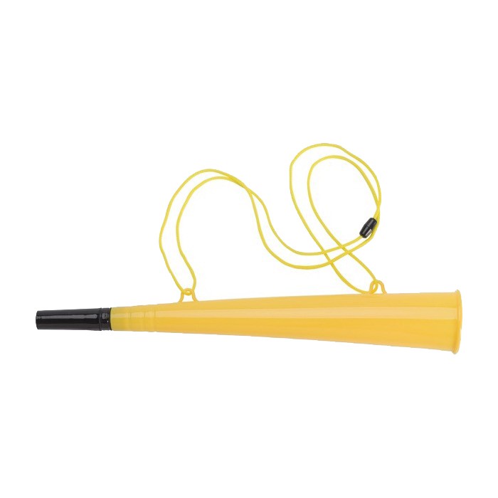 Corneta de plástico con cordón a juego ideal para eventos color amarillo primera vista Corneta de plástico con cordón a juego ideal para eventos color amarillo primera vista