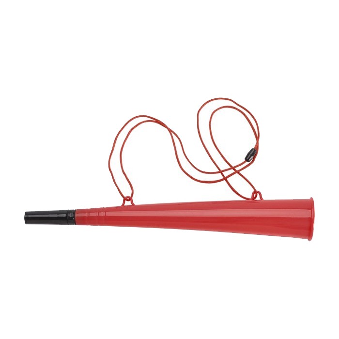 Corneta de plástico con cordón a juego ideal para eventos color rojo primera vista Corneta de plástico con cordón a juego ideal para eventos color rojo primera vista